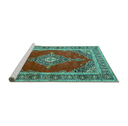 Sideview of Machine Washable Medallion Turquoise Traditional Area Rugs, wshtr4489turq
