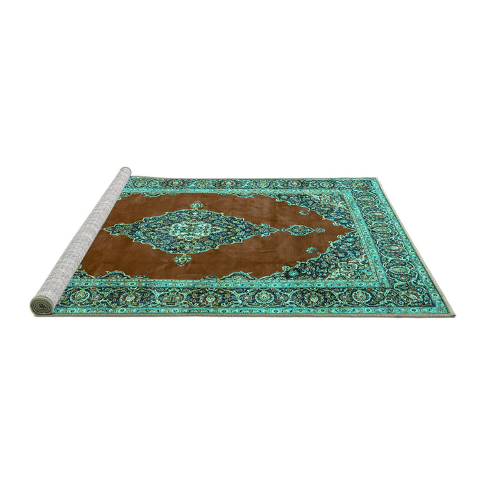 Sideview of Machine Washable Medallion Turquoise Traditional Area Rugs, wshtr4489turq