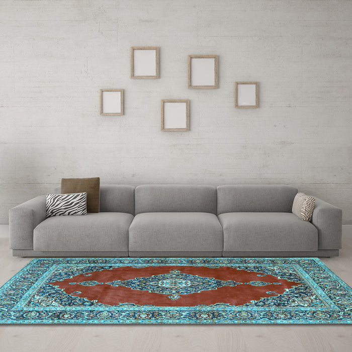 Machine Washable Medallion Light Blue Traditional Rug in a Living Room, wshtr4489lblu