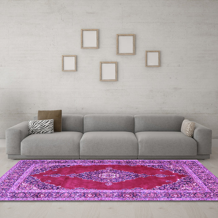 Machine Washable Medallion Purple Traditional Area Rugs in a Living Room, wshtr4489pur
