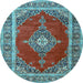 Round Machine Washable Medallion Light Blue Traditional Rug, wshtr4489lblu