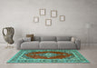 Machine Washable Medallion Turquoise Traditional Area Rugs in a Living Room,, wshtr4489turq