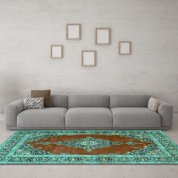 Machine Washable Medallion Turquoise Traditional Area Rugs in a Living Room,, wshtr4489turq
