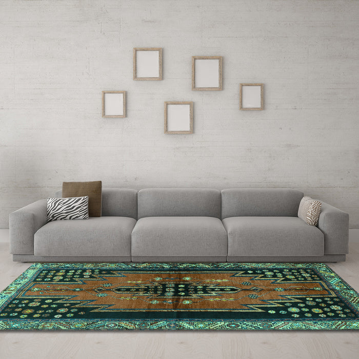 Machine Washable Persian Turquoise Traditional Area Rugs in a Living Room,, wshtr448turq