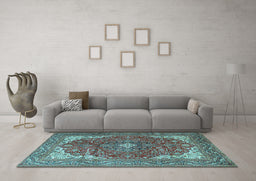 Machine Washable Medallion Light Blue Traditional Rug in a Living Room, wshtr4490lblu
