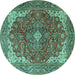 Round Machine Washable Medallion Turquoise Traditional Area Rugs, wshtr4490turq