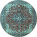 Round Machine Washable Medallion Light Blue Traditional Rug, wshtr4490lblu