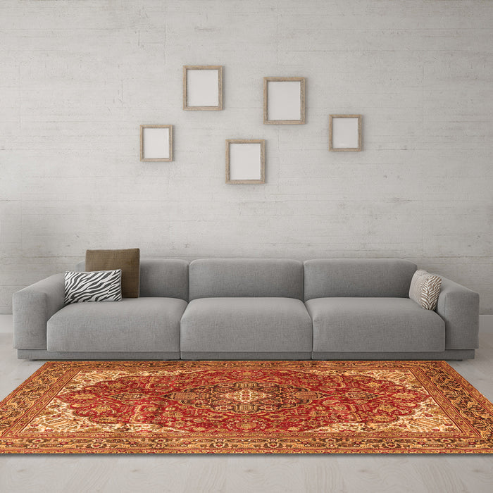 Machine Washable Medallion Orange Traditional Area Rugs in a Living Room, wshtr4490org
