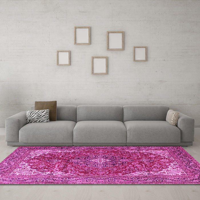 Machine Washable Medallion Pink Traditional Rug in a Living Room, wshtr4490pnk