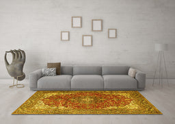 Machine Washable Medallion Yellow Traditional Rug in a Living Room, wshtr4490yw