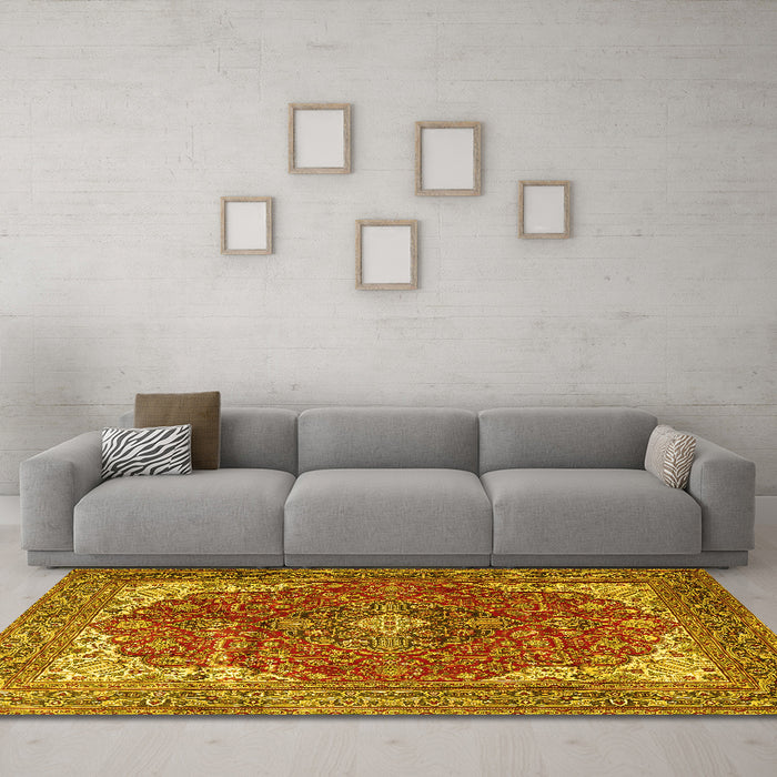 Machine Washable Medallion Yellow Traditional Rug in a Living Room, wshtr4490yw