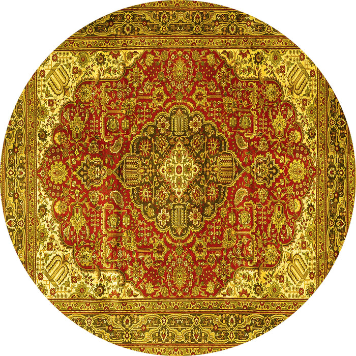Round Machine Washable Medallion Yellow Traditional Rug, wshtr4490yw