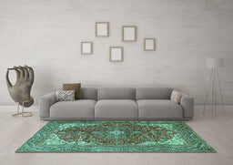 Machine Washable Medallion Turquoise Traditional Area Rugs in a Living Room,, wshtr4490turq