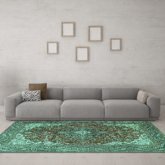 Machine Washable Medallion Turquoise Traditional Area Rugs in a Living Room,, wshtr4490turq