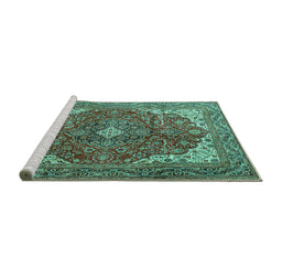 Sideview of Machine Washable Medallion Turquoise Traditional Area Rugs, wshtr4490turq