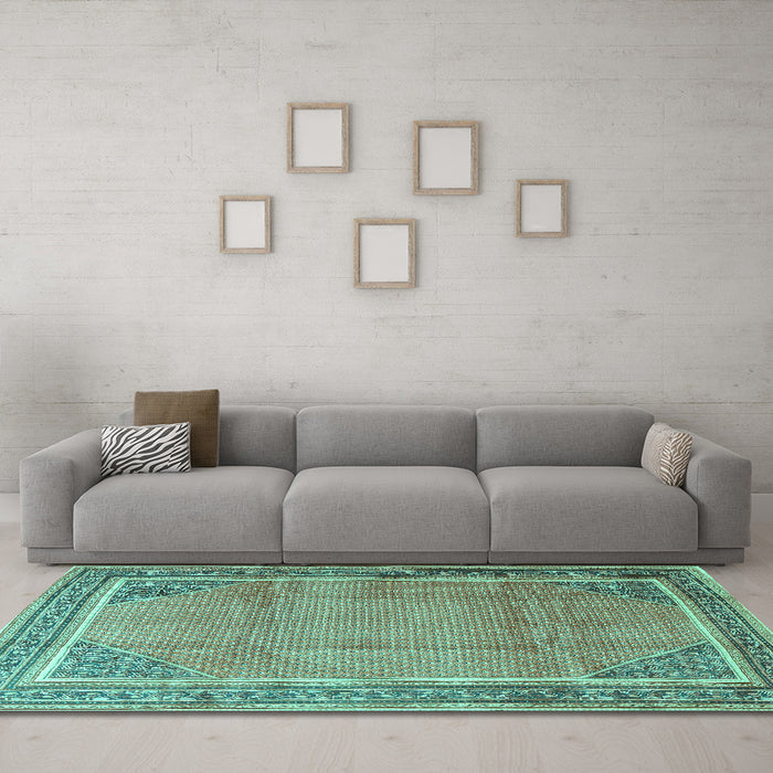 Machine Washable Persian Turquoise Traditional Area Rugs in a Living Room,, wshtr4491turq