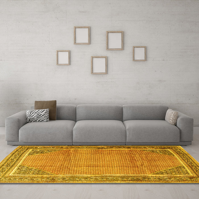 Machine Washable Persian Yellow Traditional Rug in a Living Room, wshtr4491yw