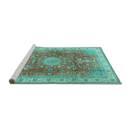 Sideview of Machine Washable Medallion Turquoise Traditional Area Rugs, wshtr4492turq