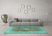 Machine Washable Medallion Turquoise Traditional Area Rugs in a Living Room,, wshtr4492turq