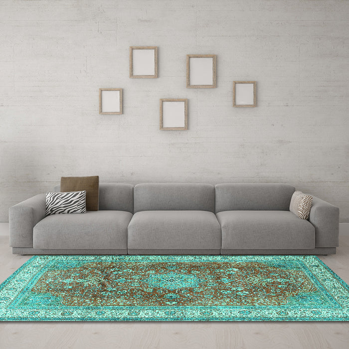 Machine Washable Medallion Turquoise Traditional Area Rugs in a Living Room,, wshtr4492turq