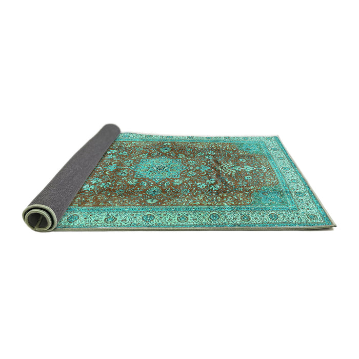 Sideview of Medallion Turquoise Traditional Rug, tr4492turq