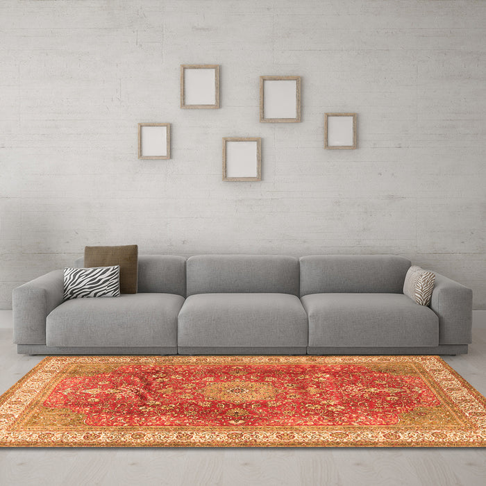 Machine Washable Medallion Orange Traditional Area Rugs in a Living Room, wshtr4492org