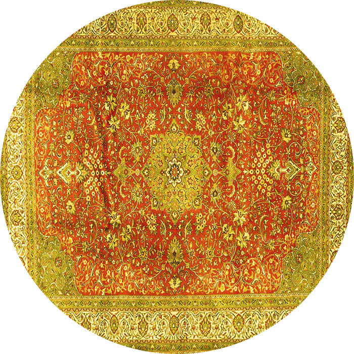 Round Machine Washable Medallion Yellow Traditional Rug, wshtr4492yw