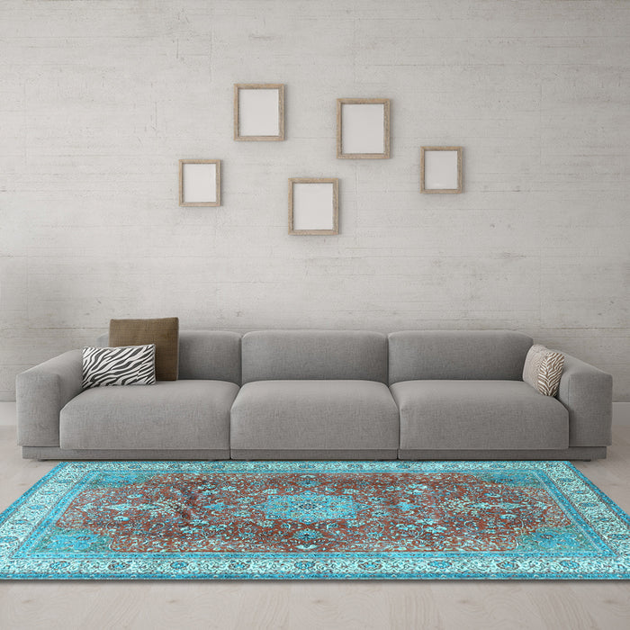Machine Washable Medallion Light Blue Traditional Rug in a Living Room, wshtr4492lblu