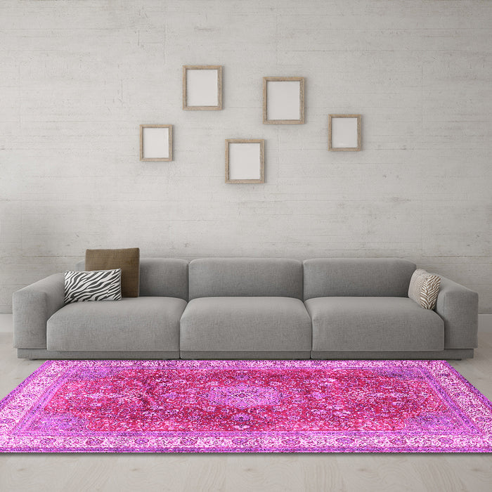 Machine Washable Medallion Pink Traditional Rug in a Living Room, wshtr4492pnk