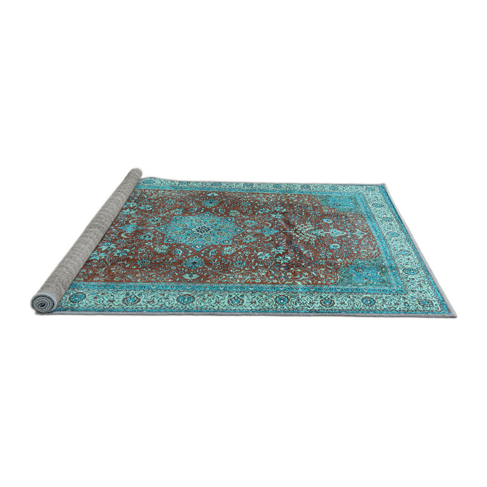 Sideview of Machine Washable Medallion Light Blue Traditional Rug, wshtr4492lblu