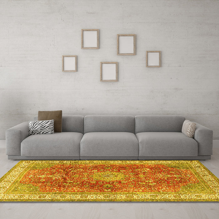Machine Washable Medallion Yellow Traditional Rug in a Living Room, wshtr4492yw