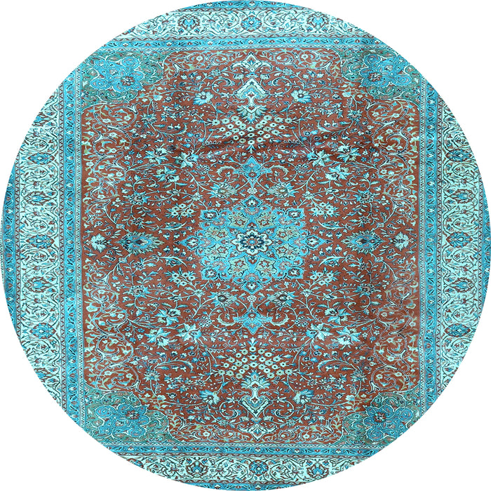Round Machine Washable Medallion Light Blue Traditional Rug, wshtr4492lblu