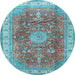 Round Machine Washable Medallion Light Blue Traditional Rug, wshtr4492lblu