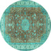 Round Machine Washable Medallion Turquoise Traditional Area Rugs, wshtr4492turq