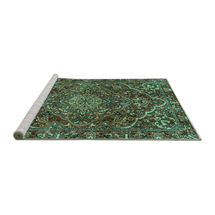 Sideview of Machine Washable Persian Turquoise Traditional Area Rugs, wshtr4493turq