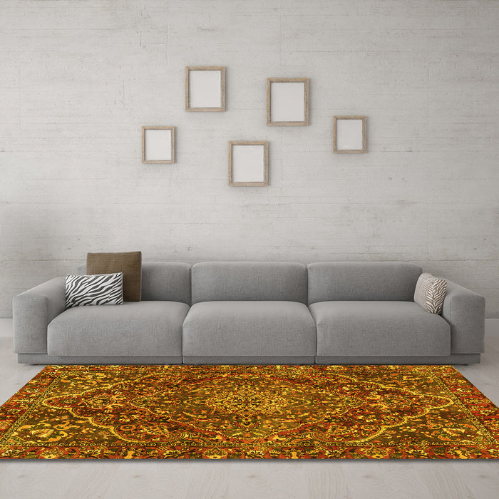Machine Washable Persian Yellow Traditional Rug in a Living Room, wshtr4493yw