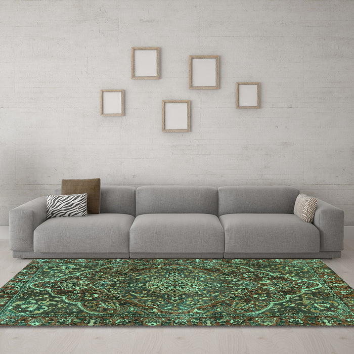 Machine Washable Persian Turquoise Traditional Area Rugs in a Living Room,, wshtr4493turq