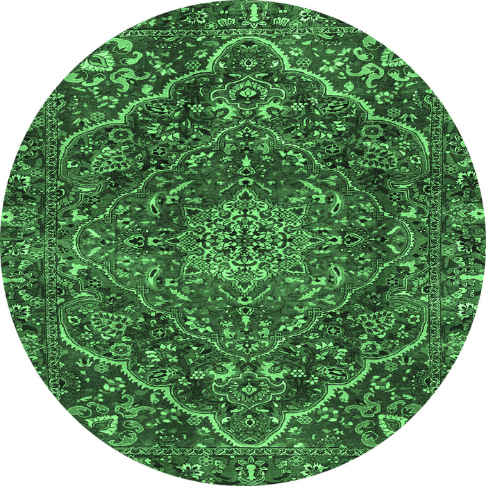 Round Machine Washable Persian Emerald Green Traditional Area Rugs, wshtr4493emgrn