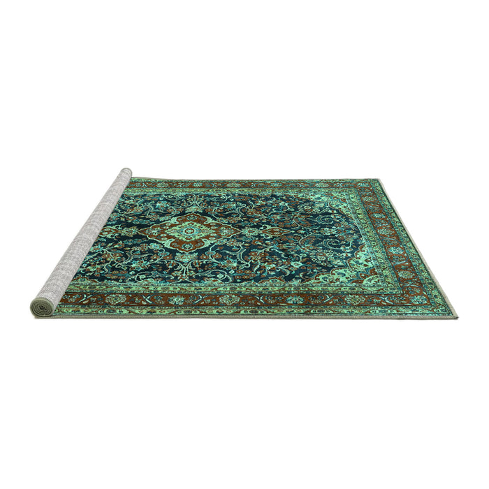 Sideview of Machine Washable Persian Turquoise Traditional Area Rugs, wshtr4494turq