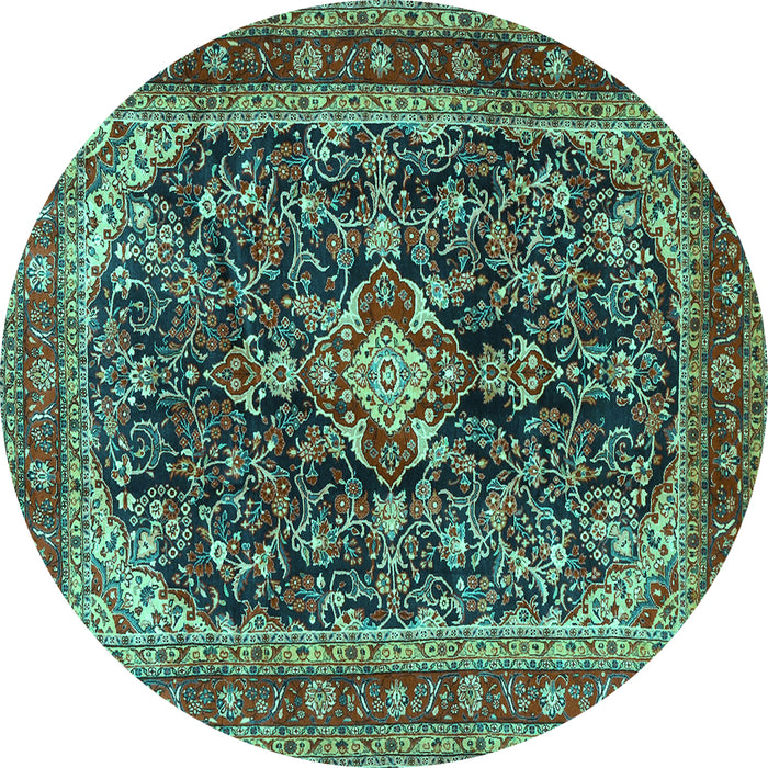 Round Machine Washable Persian Turquoise Traditional Area Rugs, wshtr4494turq