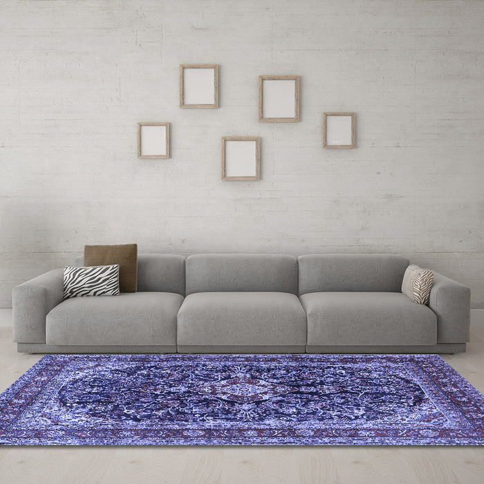Machine Washable Persian Blue Traditional Rug in a Living Room, wshtr4494blu