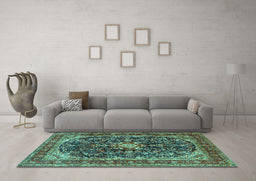 Machine Washable Persian Turquoise Traditional Area Rugs in a Living Room,, wshtr4494turq