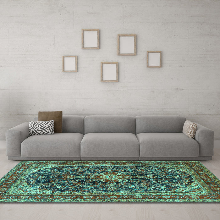 Machine Washable Persian Turquoise Traditional Area Rugs in a Living Room,, wshtr4494turq