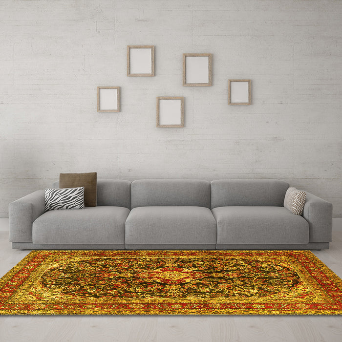 Machine Washable Persian Yellow Traditional Rug in a Living Room, wshtr4494yw