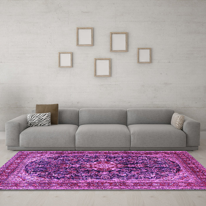 Machine Washable Persian Purple Traditional Area Rugs in a Living Room, wshtr4494pur