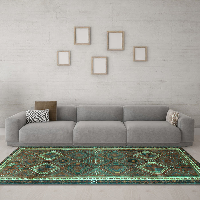 Machine Washable Persian Turquoise Traditional Area Rugs in a Living Room,, wshtr4495turq