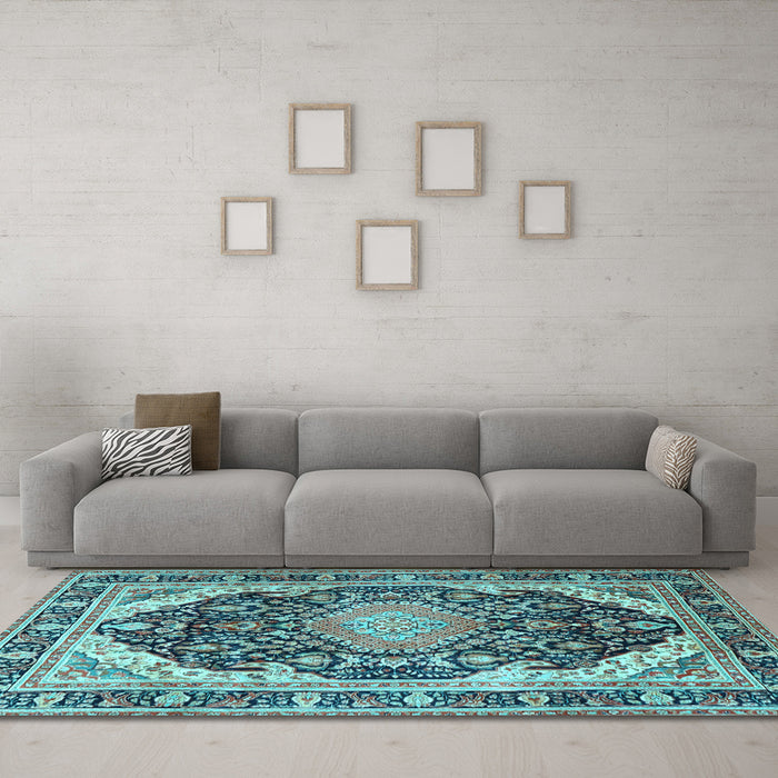 Machine Washable Persian Light Blue Traditional Rug in a Living Room, wshtr4497lblu