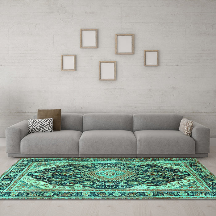 Machine Washable Persian Turquoise Traditional Area Rugs in a Living Room,, wshtr4497turq