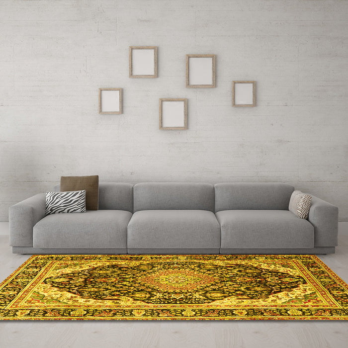 Machine Washable Persian Yellow Traditional Rug in a Living Room, wshtr4497yw