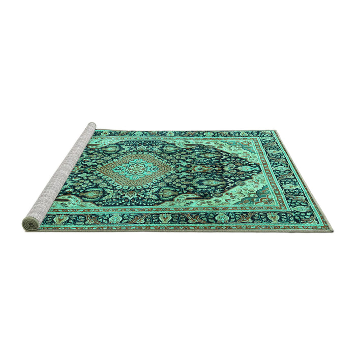 Sideview of Machine Washable Persian Turquoise Traditional Area Rugs, wshtr4497turq